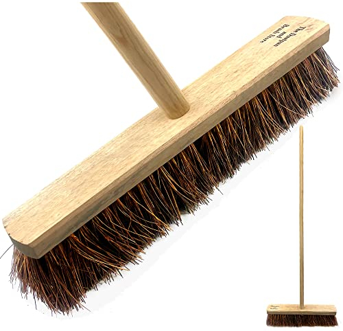 18” Stiff Outdoor Garden Broom Yard Brush with Natural Bassine Hard Bristle - Wooden Long Handled Brush for Garden, Decking, Pathways and Driveways - Perfect for Commercial and Industrial Cleaning