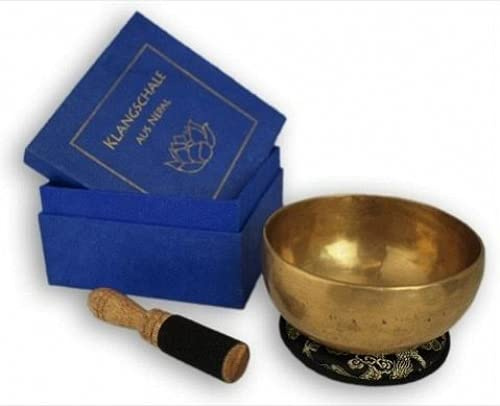 Klangschale in blauer Geschenkbox S mit Lotus-Aufdruck und Zubehör: Traditionell gefertigte Klangschale in Geschenkbox mit Lotussymbol aus Nepal