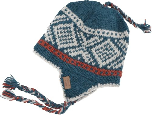 GURU SHOP Wollmütze mit Ohrenklappen, Norwegermütze, warm | Fleecefutter, ideal für kalte Tage, Unisex, aus Nepal, geflochtene Zöpfe