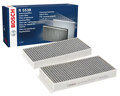 Bosch R5538 Aktivkohle Innenraumfilter - filtert Gerüche, Pollen und Staub - Ersatzfilter für bessere Luftqualität im Fahrzeuginnenraum - Set mit 2 Filtern