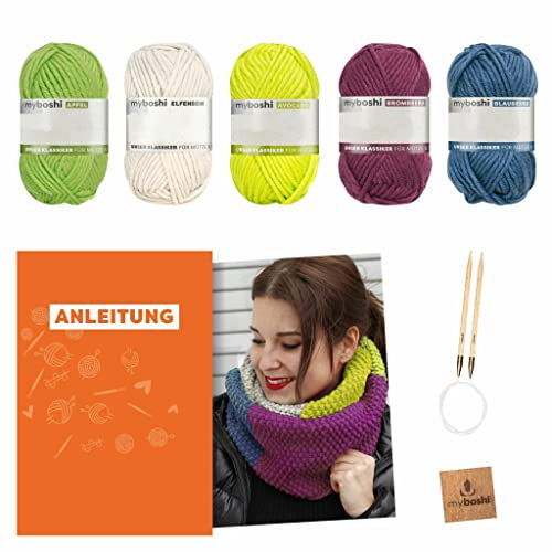 myboshi Strickset Schal New Haven, inkl. No.1 Wolle, Rundstricknadel, Anleitung und Label, Strickpaket für Anfänger, 30% Merinowolle Grün mit Rundstricknadel