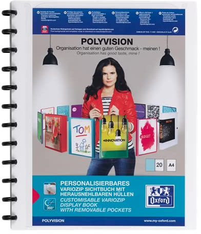 Oxford Ring-Mappe A4, Polyvision, Präsentations-Buch mit 20 Hüllen, Vario-Zipp, Austausch- und erweiterbar, weiss, 1 Stück