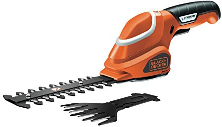 Black+Decker Akku-Strauch- und Grasschere werkzeugloser Klingenwechsel (7 V, Laufzeit ca. 50min, leichtes Gewicht inkl. Ladekabel und Ladestation, 3 Stufen-Ladestandanzeige) schwarz orange, GSL700