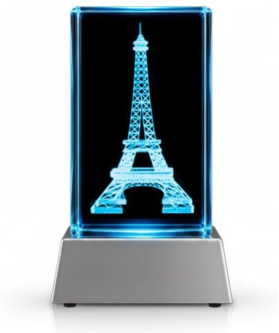 Kaltner Präsente Stimmungslicht - Ein ganz besonderes Geschenk: LED Kerze/Kristall Glasblock / 3D-Laser-Gravur/LED Nachtlicht/Paris/Frankreich/Eiffelturm