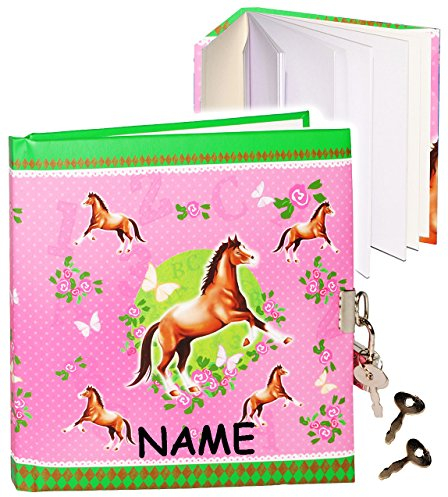 alles-meine.de GmbH Notizbuch/Tagebuch/Poesiealbum - mit Schloss - Pferde & Schmetterlinge - incl. Name - 2 Schlüssel - Dickes Buch gebunden - 96 Seiten - für Geheimnisse..