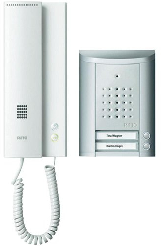 Schneider Electric Ritto Türsprechanlage, Entravox, Komplettset für 2-Familienhaus, Gegensprechanlage mit Beleuchtung und Klingeltasten, silber/weiss, Artikelnummer 1841220