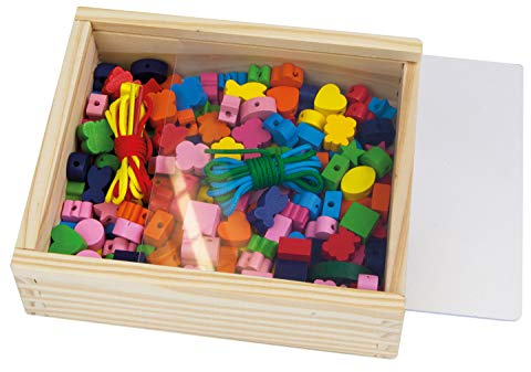 Lena 32020 - Bastelset Holzfädelperlen 164 Teile, 160 Fädelperlen aus Holz und 4 Schnüre in wiederverschließbarer Holzkassette, Holzperlen Set für Kinder ab 4 Jahre, Perlen Set für Schmuckketten