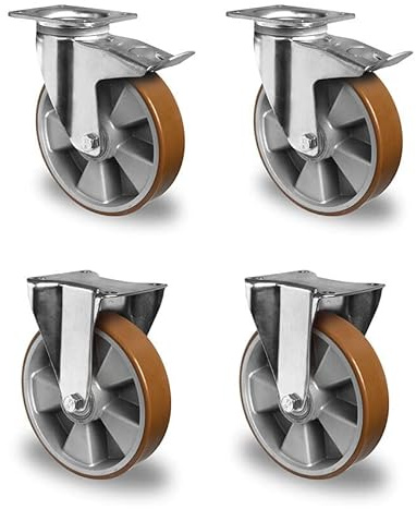 der ROLLENDE SHOP - Schwerlast Rollen Set 2 Lenkrollen mit Bremse und 2 Bockrollen Durchmesser 125 mm Polyurethan Lauffläche - 500 kg Traglast pro Rolle - Serie BAU5 Doppelkugellager