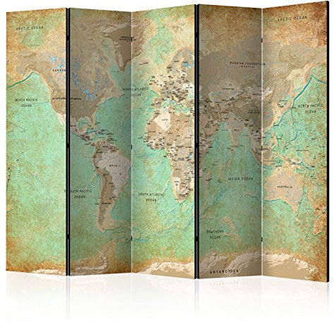 RAUMTEILER/PARAVENT B&D XXL - Paravent Raumteiler Innen Weltkarte Vintage 225x172 cm 5-teilig Einseitig Raumtrenner Trennwand Holz Room Divider Spanische Wand Raum Abtrennung grün braun