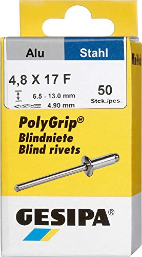 GESIPA Blindniete PolyGrip 50 Stück (Alu/Stahl 4,8x10, Nietschaft-ø 4,8 mm, Scherkraft 1500 N, Zugkraft 2300 N, Flachrundkopf) 1433850