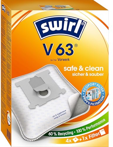 Swirl V 63 EcoPor Staubsaugerbeutel (4 Beutel), reißfeste Staubbeutel für einige Vorwerk Staubsauger, 99,9% Filterung von Hausstaub & allergenem Feinstaub