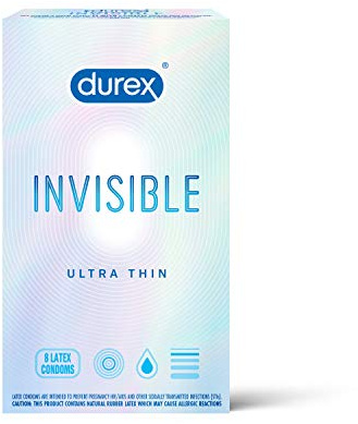 Condoms, Ultra Thin Lubricated Natural Latex, Durex Invisible Condoms, 8 Count - Ultra Sensitive, Lubricated, Transparent