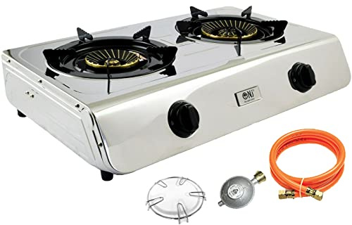 Hornillo de gas de acero inoxidable con 1, 2, 3 o 4 llamas, manguera de gas y regulador de presión 50 mbar.