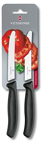 Victorinox Swiss Classic, Frühstücksmesser, Brötchenmesser, Scharfe Klinge, Wellenschliff, 11 cm, Kunststoffgriff, Rostfreier Stahl, Set 2teilig, Schwarz
