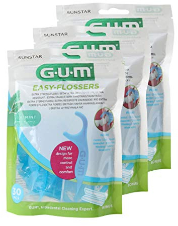 GUM Dental Flosser, 90 Count, Mint, Flavored, Wax Coating, Includes Floss Dispenser, 3 Pack