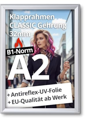 net-xpress® A2 Brandschutzrahmen | Klapprahmen Brandschutz A2 | Plakatrahmen B1 Norm nach DIN 4102 schwer entflammbar | 32 mm silber | mit Antireflex-Folie, Schrauben & Dübel | Hoch- & Querformat