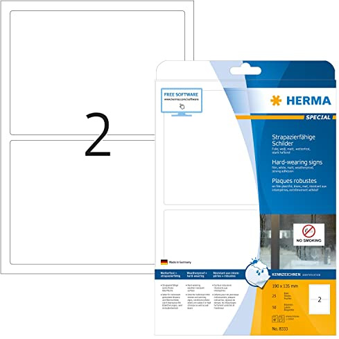 HERMA 8333 Wetterfeste Folienetiketten, 25 Blatt, 190 x 135 mm, 2 pro A4 Bogen, 50 Stück, selbstklebend, bedruckbar, matt, blanko Klebeetiketten Aufkleber aus Folie, weiß
