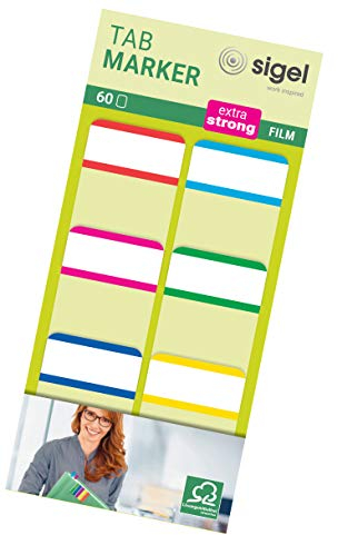 SIGEL HN201 Tab Marker, extra starke Haftmarker, 25 x 38 mm, 60 Streifen, für dauerhafte Anwendung, beschriftbar und rückstandsfrei wiederablösbar