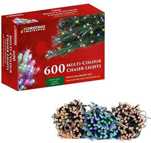 The Christmas Workshop 77570 600 Multi-Coloured LED Chaser Christmas Lights/Indoor or Outdoor Fairy Lights / 41.9 Metres / 8 Light Modes/Great for Christmas, Weddings & Gardens