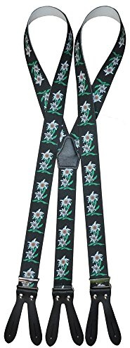 Trachten Hosenträger mit Edelweiss für Knöpfe Rot, Grün, Blau, Schwarz -105 (Schwarz)