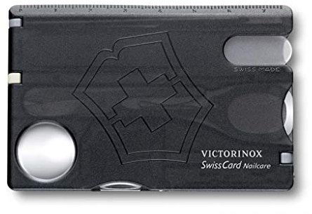 Victorinox Swiss Card Nail Care, Swiss Made Pocket Tool, Credit Card Size, 13 Functions, File, Scissors, Black Transparent