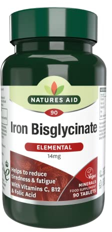 Natures Aid Iron Bisglycinate 14mg – 90 Vegan Tablets - Gentle, Non-Constipating Iron Supplement - Supports Energy, Red Blood Cells & Immunity - High Absorption - Gluten Free