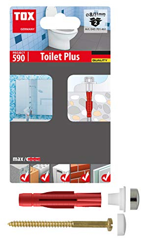 TOX Stand-WC-Befestigung Toilet Plus, mit Allzweckdübel Tri 8x51 + Messing-Sechskantschrauben 6x85, inklusive Abdeckkappen weiß + chrom, korrosionsfrei, je 2 Stück im Blister, 045701461