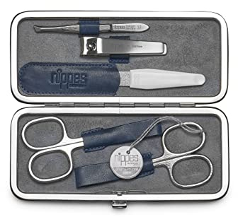 nippes Solingen Maniküre Set Vintage, 5-teilig, Antik Rindsleder Nagelset mit Rahmen, weiches Wildleder innen, Made in Germany, Nagelpflege Set mit vernickelten Instrumenten