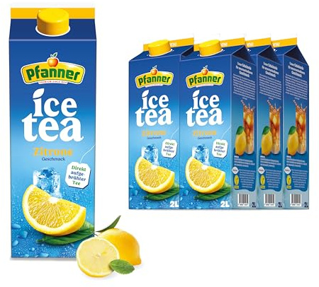 Pfanner Eistee Zitrone – 6 x 2 l Karton- direkt aufgebrühter Tee mit Limetten- und Zitronensaft – Vorratspack