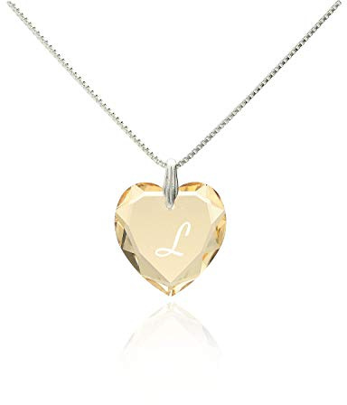 Buchstaben Kette, Kinderkette 925 Sterling Silber mit SWAROVSKI ELEMENTS Herz Anhänger Golden Shadow Herz und Gravur A -Z