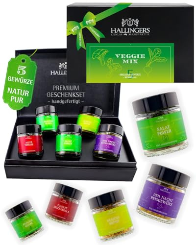 Hallingers Genuss Manufaktur Gewürz Geschenk-Set - 5 Gewürze aus aller Welt in wertiger Geschenkbox mit Rezept-Booklet Veggie Mix, Geschenkidee für Frauen Männer