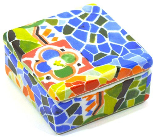 ART ESCUDELLERS JOYERO/Caja Cuadrada PEQUEÑA de Porcelana Decorada en TRENCADIS al Estilo Gaudí. (Color Aurora). 6 cm x 6 cm X 3 cm