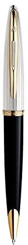Waterman Carène Deluxe Kugelschreiber | hochglänzend Schwarz mit Silber-Plattierung und Clip aus 23-karätigem Gold | mittlere Schreibspitze | blaue Tinte | Geschenkbox