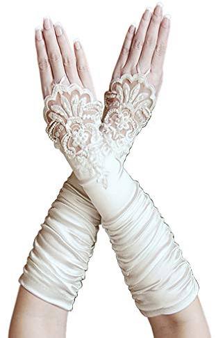ZaZa Bridal Gathered Satin Fingerless Gloves w/Floral Embroidery Lace & Sequins-Ivory