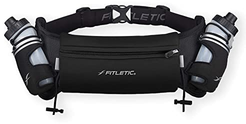 Fitletic Hydra 16 Hydrations-Laufgürtel mit Wasserflaschen für Männer und Frauen, 2 Schnellfluss-Wasserflaschen, 237 ml, patentiertes federfreies Design, Wasserabweisende Tasche, passend für alle