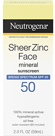 Protector solar facial Sheer Zinc de Neutrogena, amplio espectro de protección SPF 50, tacto seco,59 ml.