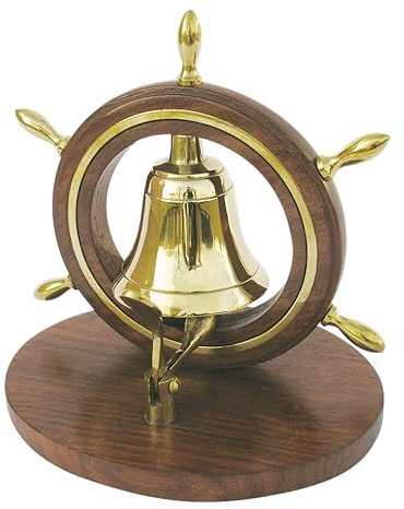 Tischglocke im Steuerrad Glocke Messing & Holz 13x13cm Sea-Club