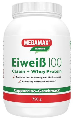 Megamax Eiweiss Cappuccino 750 g | Molkenprotein + Milcheiweiß Für Muskelaufbau,Diaet | 2k-Eiweiss ideal zum Backen | hochwertiges Low Carb Eiweiß-Shake | aspartamfrei Protein mit Aminosäuren