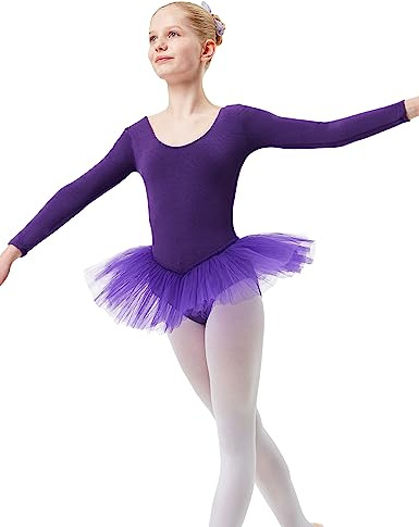 tanzmuster Ballettkleid Mädchen Langarm - Alea - Tutu aus weicher Baumwolle Ballettbody Ballett Trikot in lila, 164/170