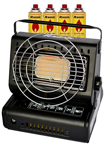RSonic Gasheizung Keramik Gasstrahler 1,3 kW Campingheizung mit Grill + Kocher | Gaskocher (Heizung mit 4 Kartuschen)