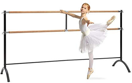 Klarfit Ballettstange, Freistehende Ballettstange für Zuhause, Barre, Tanzstange für Ballet, Bewegungstraining & Stretching, Balletstange Mobil, Stahlrohre mit Holzoptik, 2x38 mm Ø, 220x113cm, Schwarz