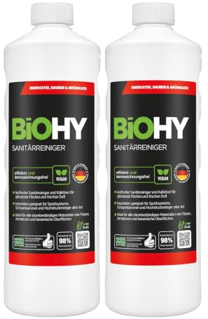 BiOHY Sanitetsrengörare (2 x 1l flaska) | Kalknedbrytande koncentrat för sanitetsområdet | Badrumsrengöring med en behaglig och fräsch doft | EXTRA STARK (Sanitärreiniger)