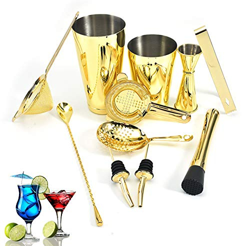 Juego De Coctelera Boston De Cobre De 13 Piezas para Cantineros O Mixólogos - Accesorios para El Conjunto De Barras para El Hogar, Kit De Cantineros Mixológicos De Acero Inoxidable,Oro