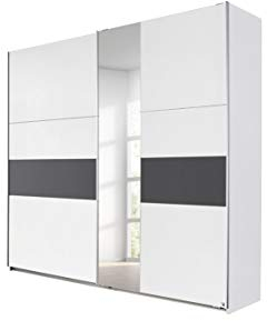 Rauch Möbel Korbach Schwebetürenschrank, Weiß / Grau-metallic, 2-türig mit Spiegel, inkl. Zubehörpaket Premium 2 Kleiderstangen,6 Einlegeböden,1 Hakenleiste,1Tüdämfer-Set BxHxT 218x210x59cm