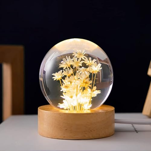 Blumen Kristallkugel Nachtlicht, 6 cm Glas Kugellampe mit Holzsockel, Dekorative LED Nachtlampe für Schlafzimmer & Wohnzimmer (Gelbe Gänseblümchen)
