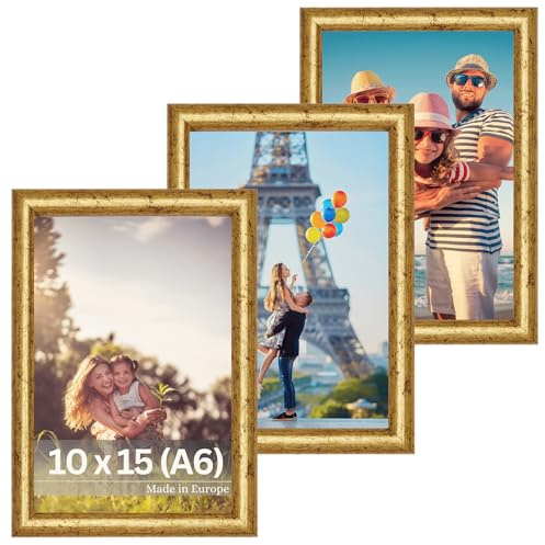VictoR Bilderrahmen gold 10x15 cm (A6) - 3er Set - David - Leiste 14x17mm - Fotorahmen vintage A6 - Shabby Chic Deko