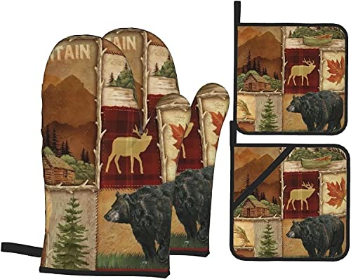 Ofenhandschuhe und Topflappen-Sets mit 4 Bauernhaus-Ahornblatt-Bär-Elch-Hirsch-Landhausstil-Polyester-Ofenhandschuhen mit Ofenhandschuhen und Topflappen-Topfhaltern für den Küchengrill