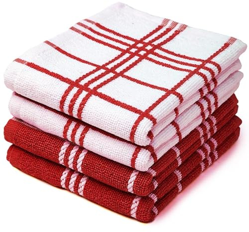 Encasa XO Juegos de paños de Cocina y paños de Cocina Red Terry Toallas de Felpa de algodón Altamente absorbentes | 60x40 cm | Multiusos para Lavar Platos y Limpiar Juego de 4