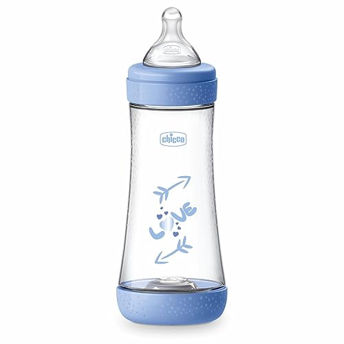 Chicco PERFECT 5 Biberon Anticolica da 300 ml, Biberon Flusso Veloce da 4 Mesi + con Tettarella in Morbido Silicone, Biberon simil seno materno, Biberon anticolica per allattamento misto, Blu
