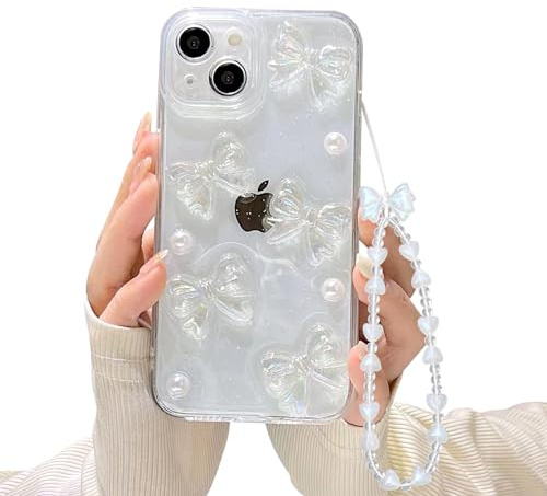 Ownest Compatible with iPhone 14 Case with Clear Cute Bling 3D Bowknots Pearl Aesthetic Patterns for Women Teen Girls, Glitter Sparkle Back and Lens Protection Phone Case Cover + Chain